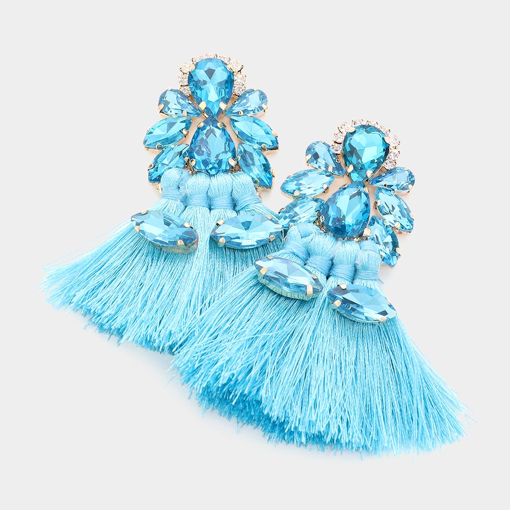 Aqua Teardrop and Marquise Stone Fringe Fun Fashion Earrings | Runway Earrings