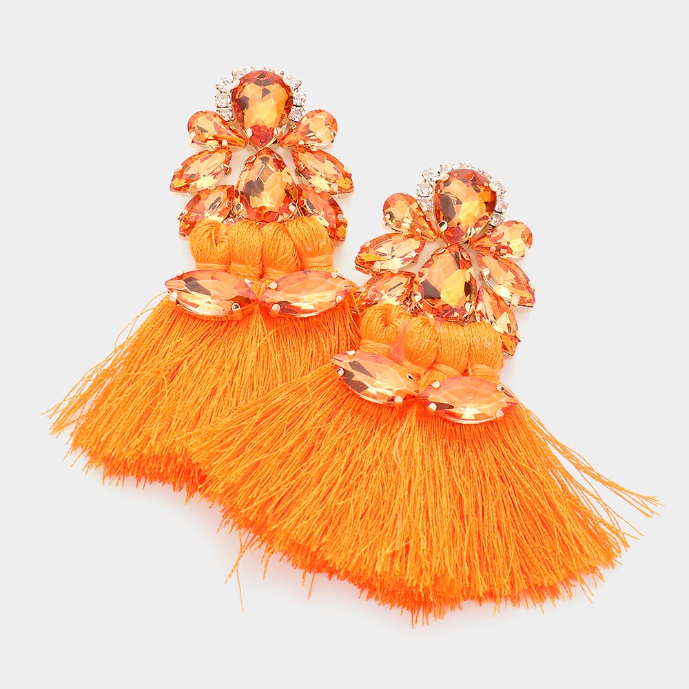 Orange Teardrop and Marquise Stone Fringe Fun Fashion Earrings | Runway Earrings