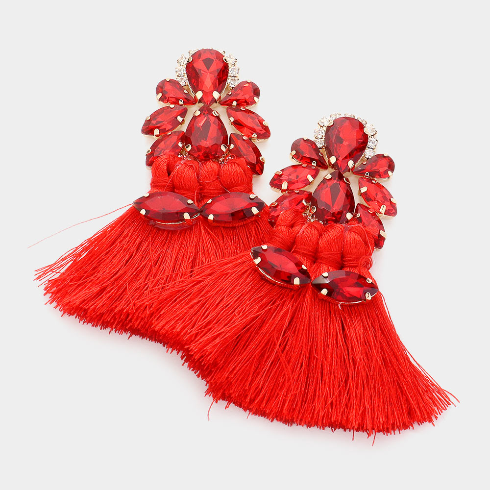 Red Teardrop and Marquise Stone Fringe Fun Fashion Earrings | Runway Earrings