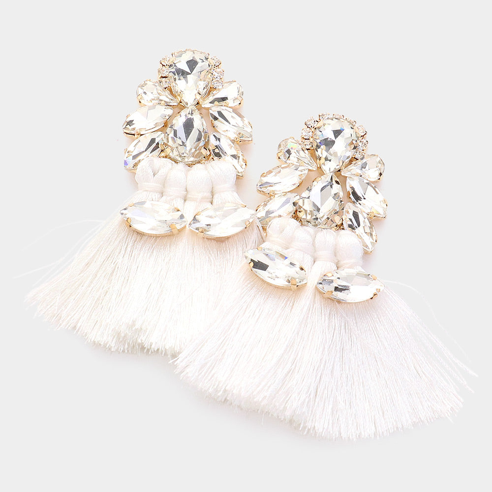 White Teardrop and Marquise Stone Fringe Fun Fashion Earrings | Runway Earrings