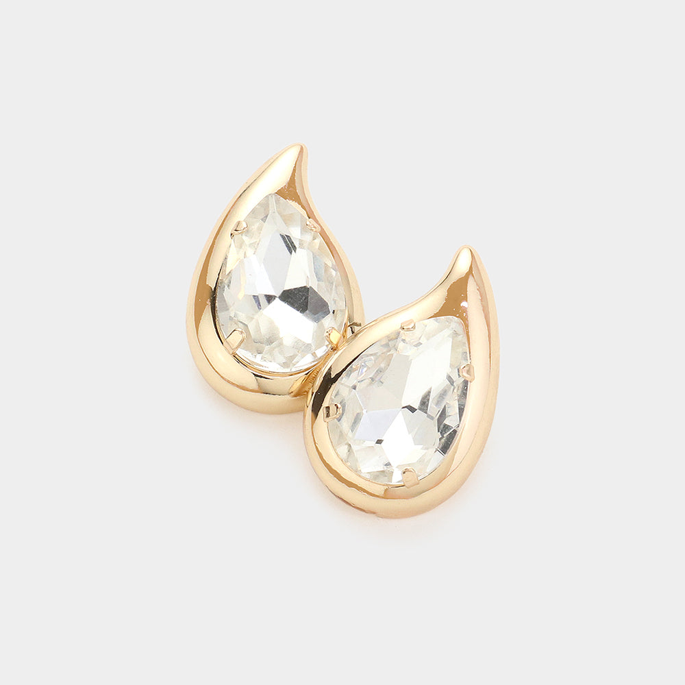 Clear Crystal Teardrop Stone Stud Earrings on Gold | Interview Earrings