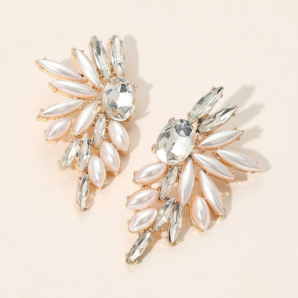 Cream Pearl and Marquise Stone Cluster Wing Fan Bridal Earrings on Gold | Wedding Earrings