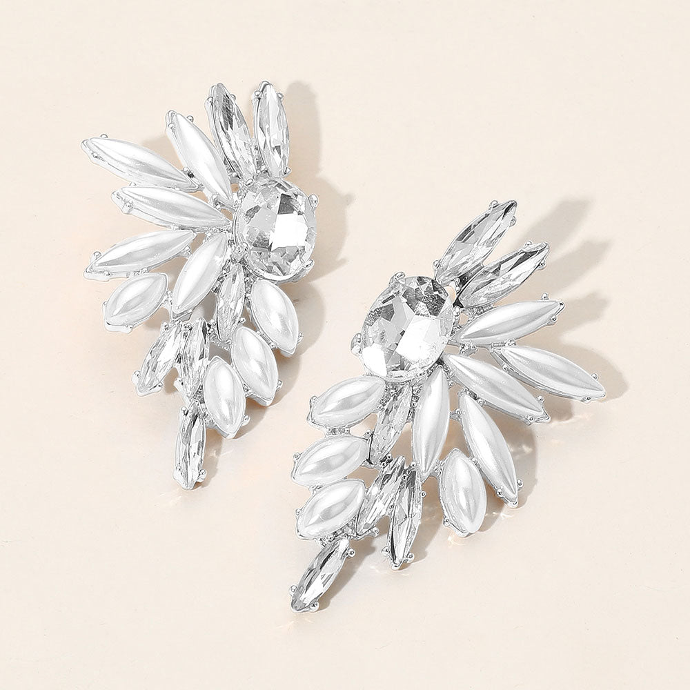 White Pearl and Marquise Stone Cluster Wing Fan Bridal Earrings | Wedding Earrings