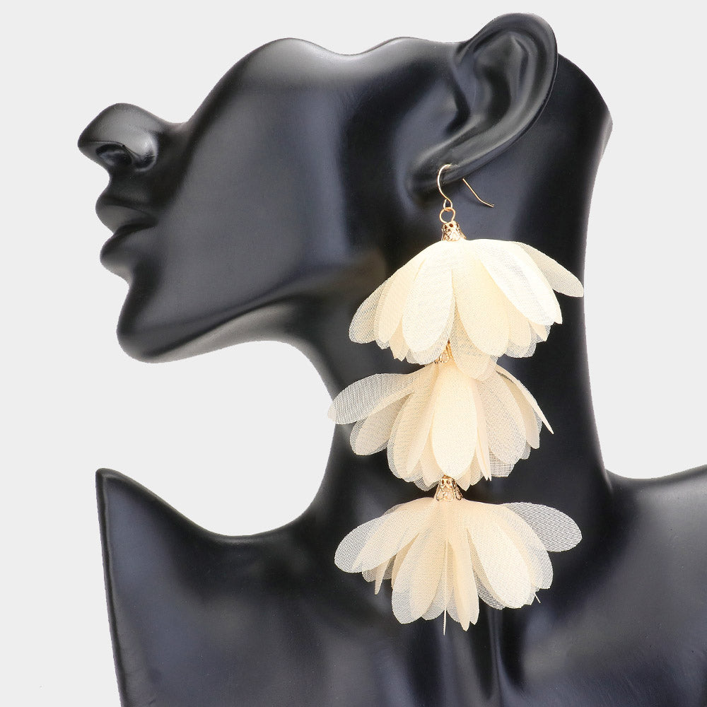 Ivory Fabric Triple Flower Fun Fashion Earrings | Outfit of Choice Earrings