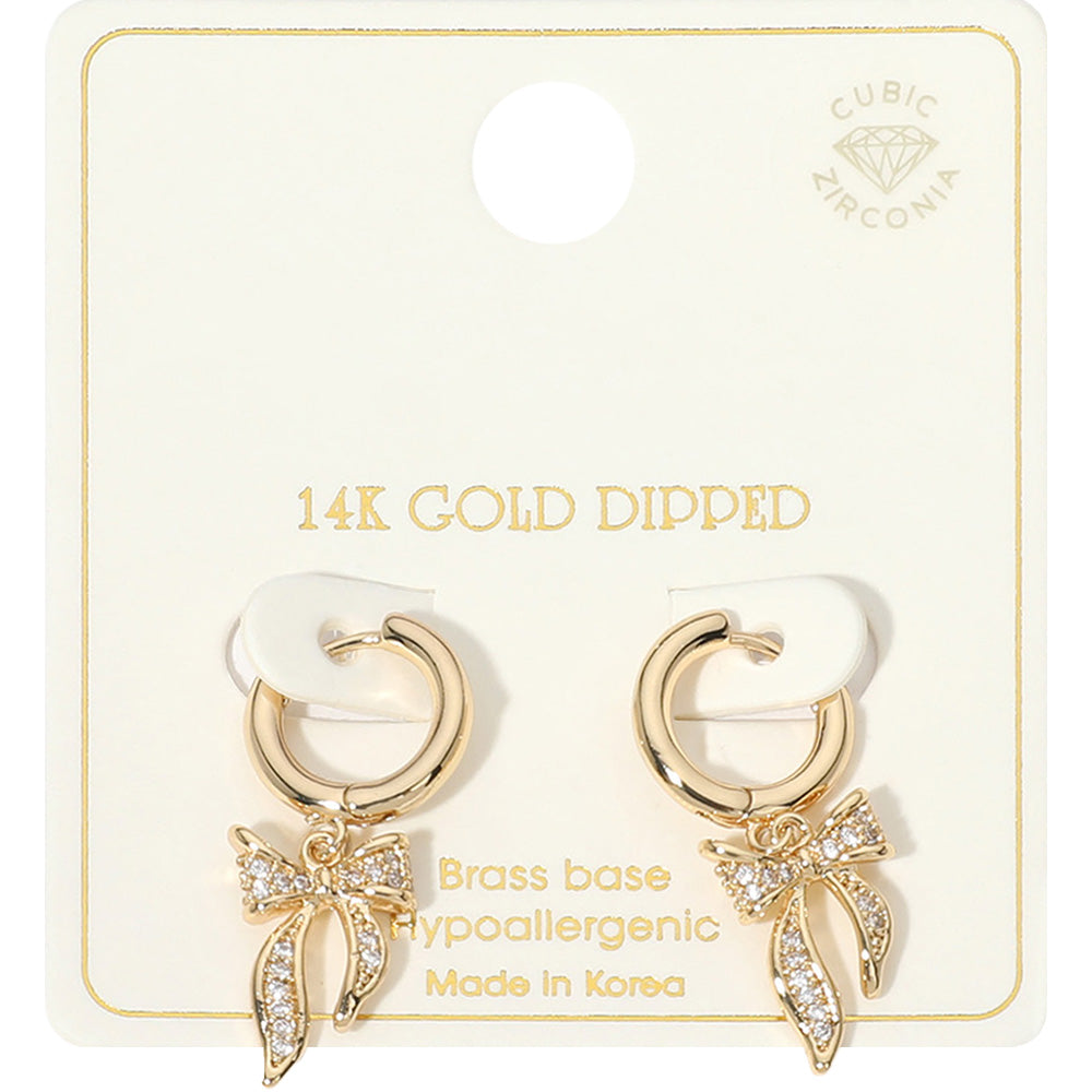 14K Gold Dipped CZ Stone Ribbon with Mini Hoops