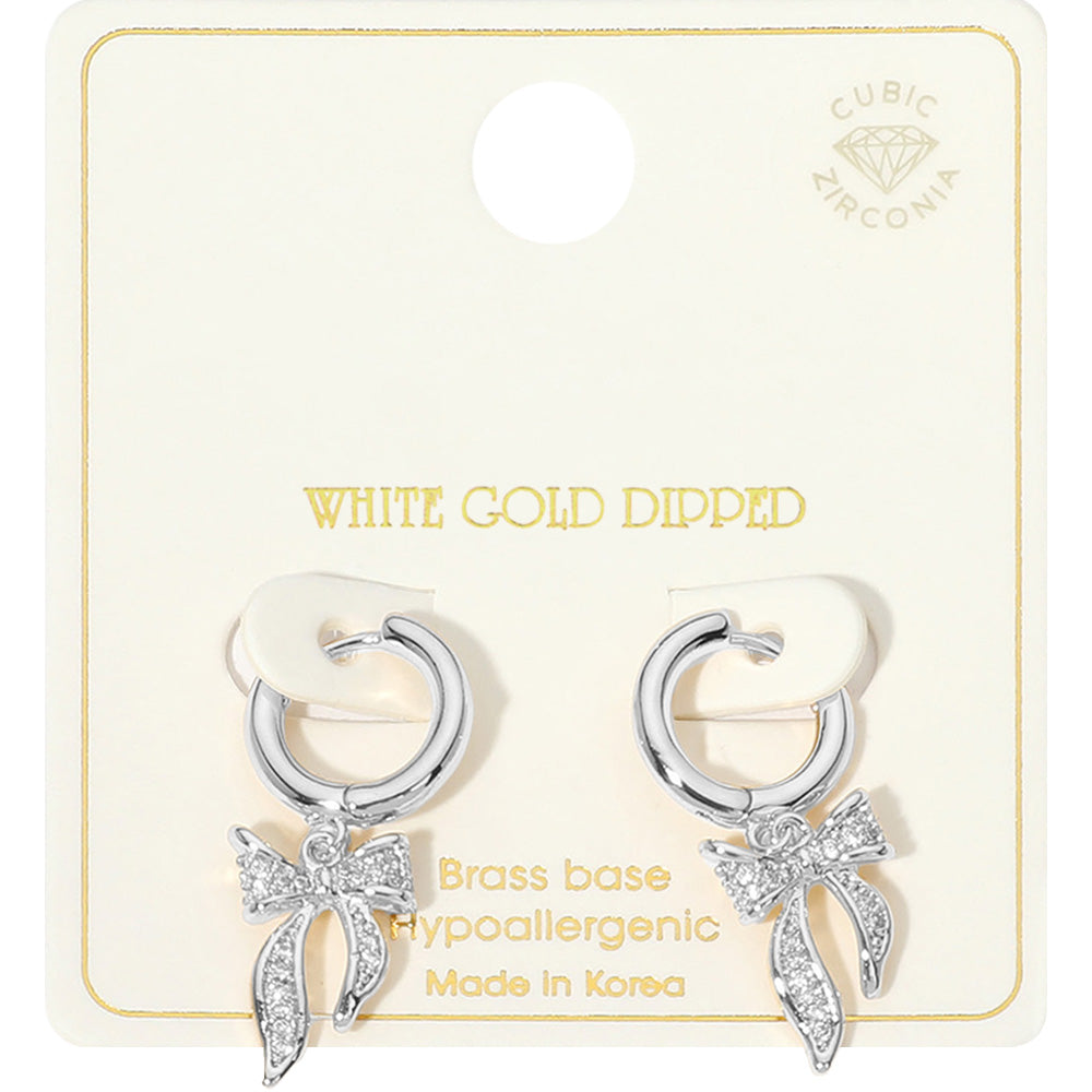 White Gold Dipped CZ Stone Ribbon with Mini Hoops