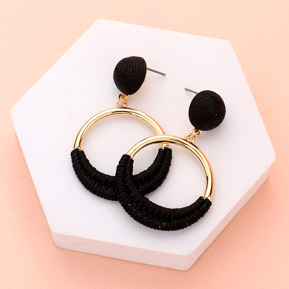 Black Thread Wrapped Open Circle Fun Fashion Earrings | Headshot Earrings | Runway Earrings
