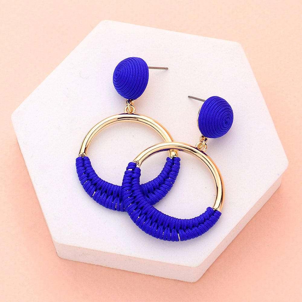 Blue Thread Wrapped Open Circle Fun Fashion Earrings | Headshot Earrings | Runway Earrings