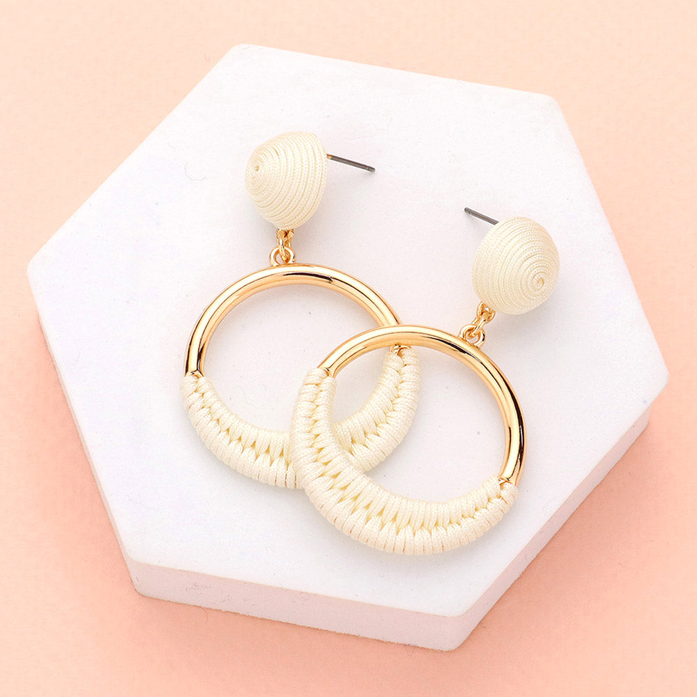 Ivory Thread Wrapped Open Circle Fun Fashion Earrings | Headshot Earrings | Runway Earrings