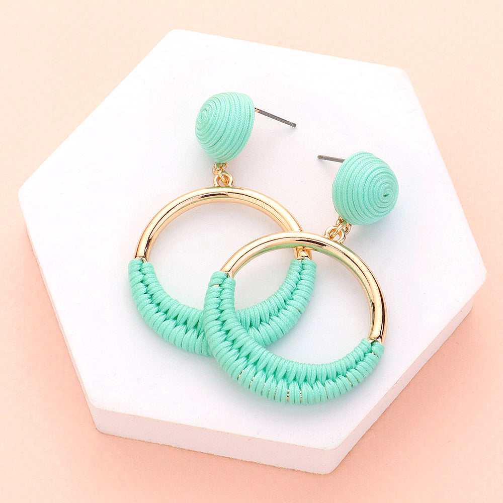 Mint Thread Wrapped Open Circle Fun Fashion Earrings | Headshot Earrings | Runway Earrings