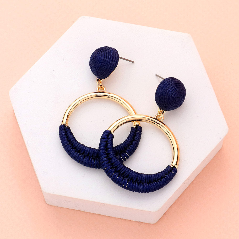 Navy Thread Wrapped Open Circle Fun Fashion Earrings | Headshot Earrings | Runway Earrings