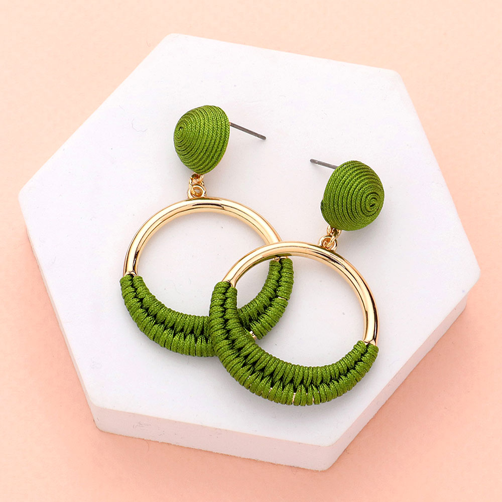 Olive Green Thread Wrapped Open Circle Fun Fashion Earrings