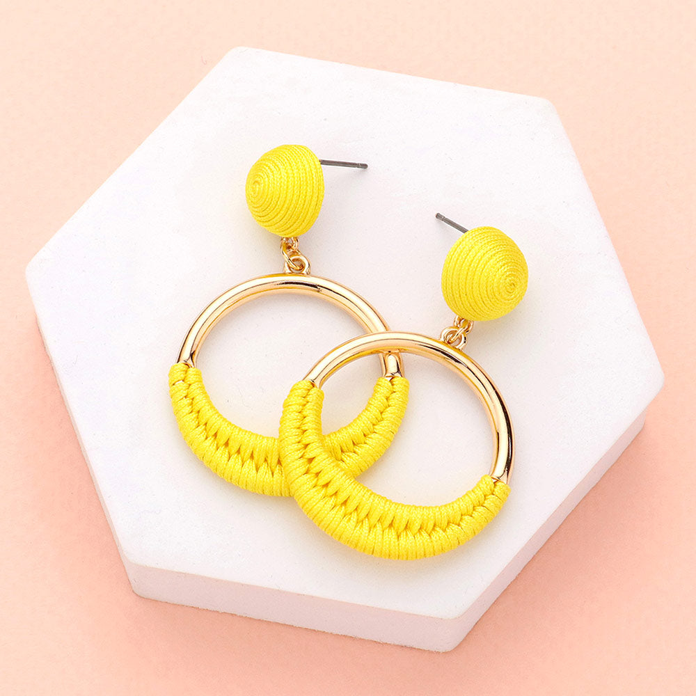 Yellow Thread Wrapped Open Circle Fun Fashion Earrings | Headshot Earrings | Runway Earrings