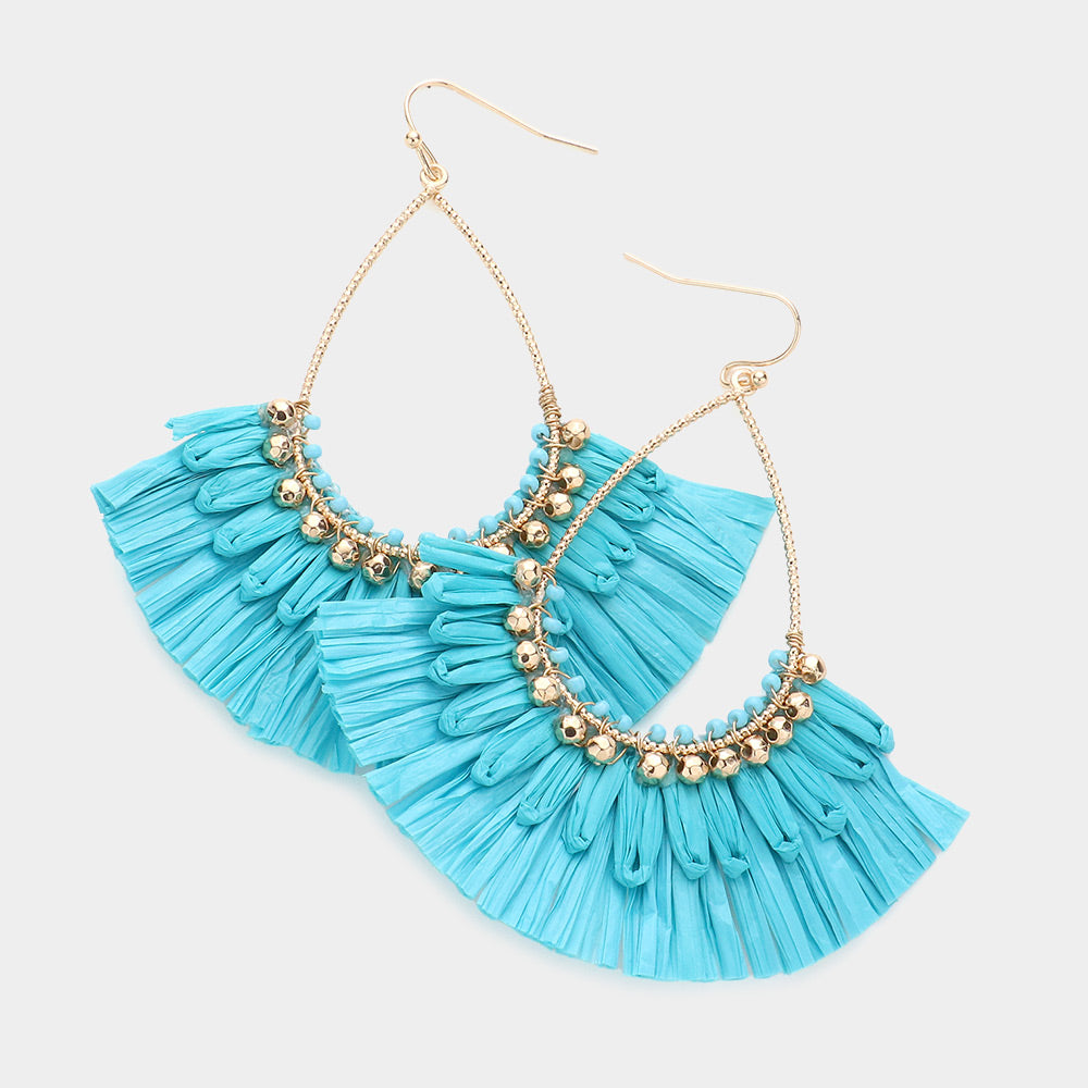 Turquoise Dangle Raffia Fan Fun Fashion Earrings | Headshot Earrings