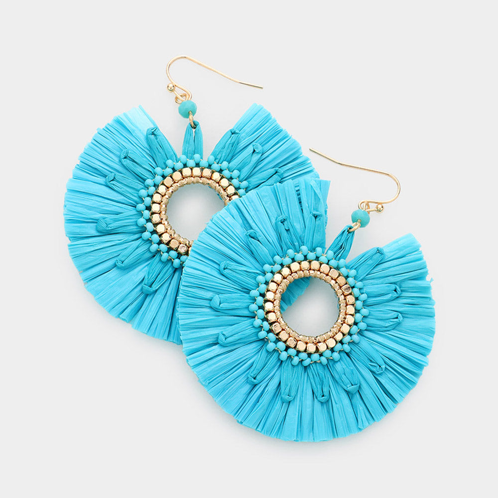 Turquoise Raffia Trimmed Open Circle Fun Fashion Earrings | Runway Earrings