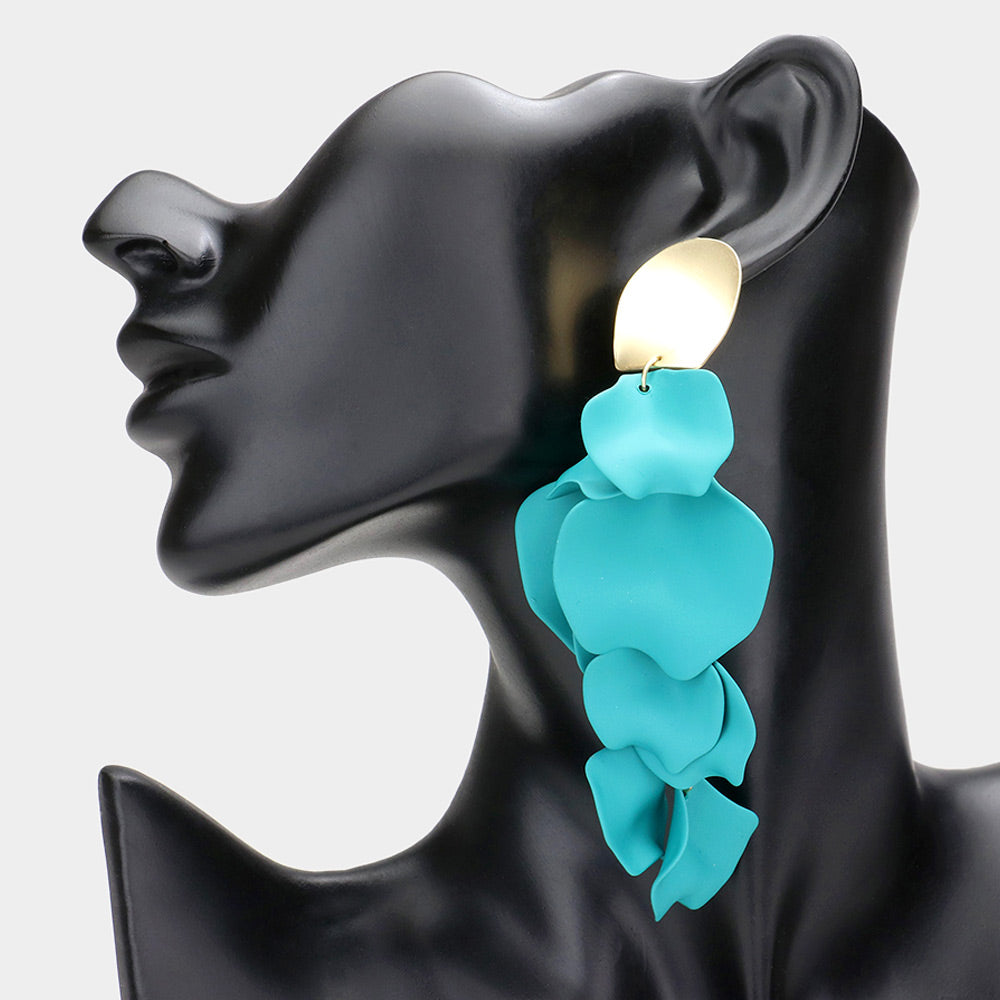 Turquoise Petal Link Drop Fun Fashion Earrings | Runway Earrings | Head Shot Earrings