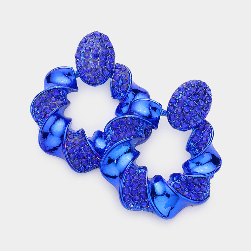 Rhinestone Embellished Blue Spiral Open Circle Pageant Earrings | Pageant Jewelry