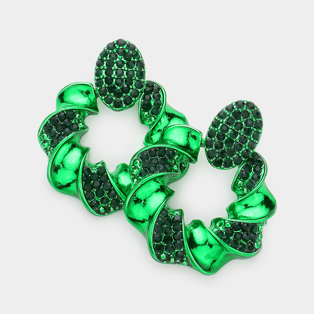 Rhinestone Embellished Green Spiral Open Circle Pageant Earrings | Pageant Jewelry