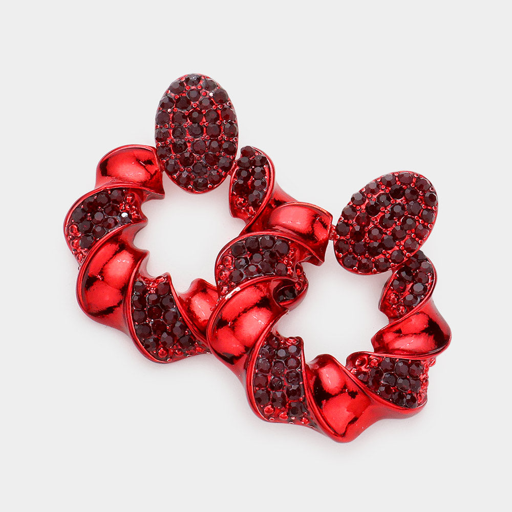 Rhinestone Embellished Red Spiral Open Circle Pageant Earrings | Pageant Jewelry