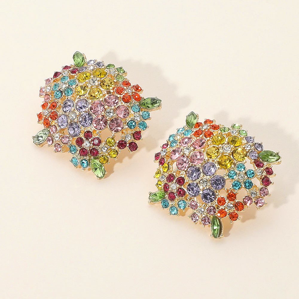 Multi-Color and Pearl Stone Embellished Cluster Stud Earrings | Interview Earrings