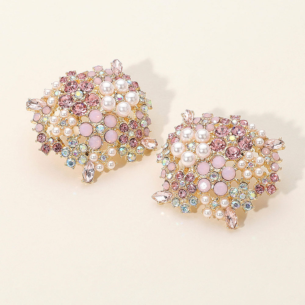 Pink and Pearl Stone Embellished Cluster Stud Earrings | Interview Earrings