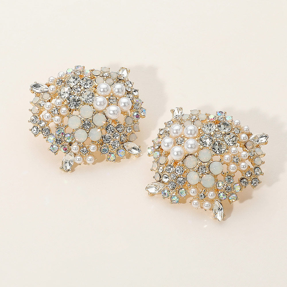 White and Pearl Stone Embellished Cluster Stud Earrings | Interview Earrings