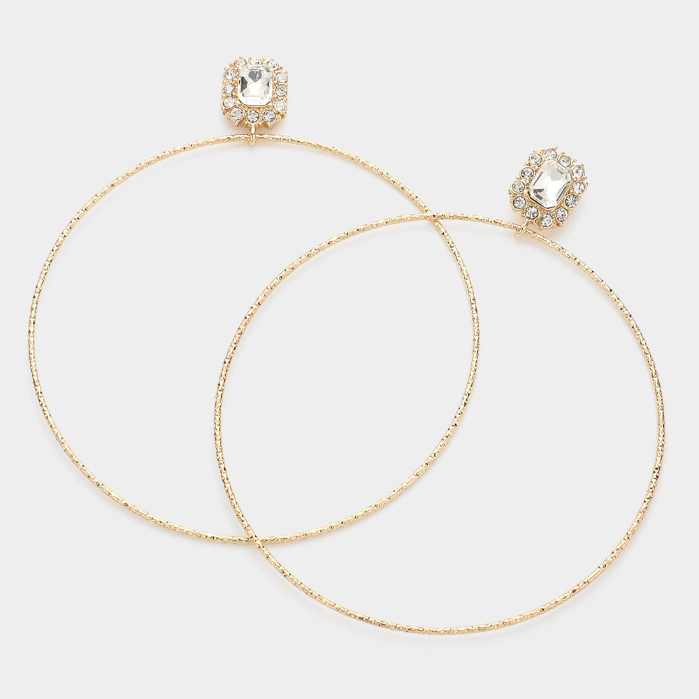 Gold Metal Rectangle and Rhinestone Textured Pageant Hoop Earrings | 3.7"