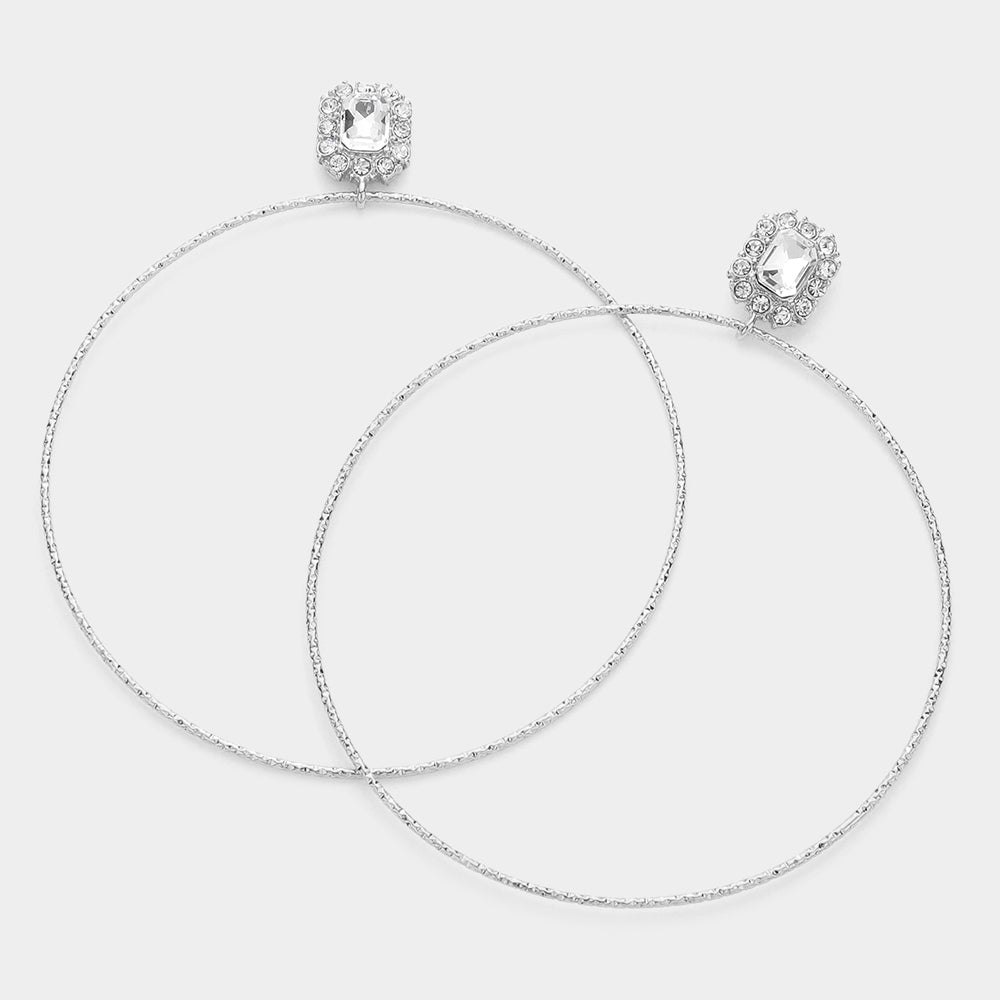 Silver Metal Rectangle and Rhinestone Textured Pageant Hoop Earrings | 3.7"