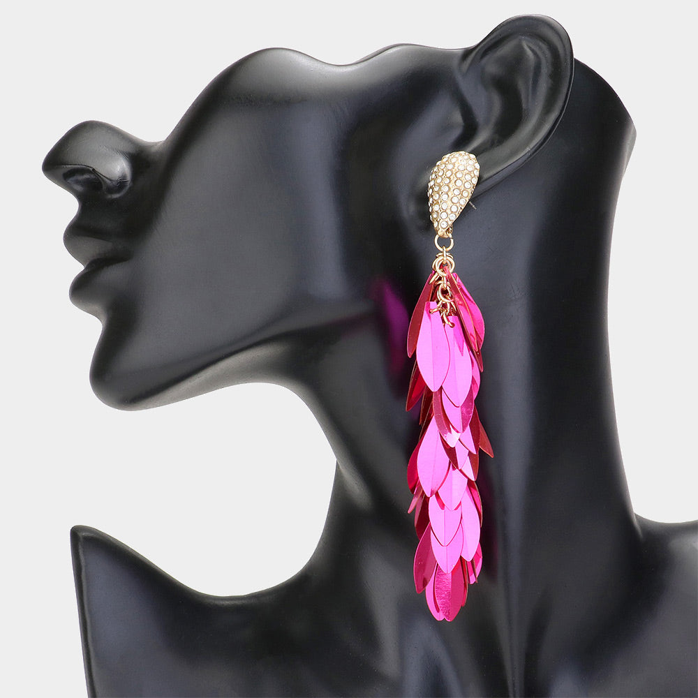 Long Fuchsia Sequin Fringe Fun Fashion Earrings | Headshot Earrings