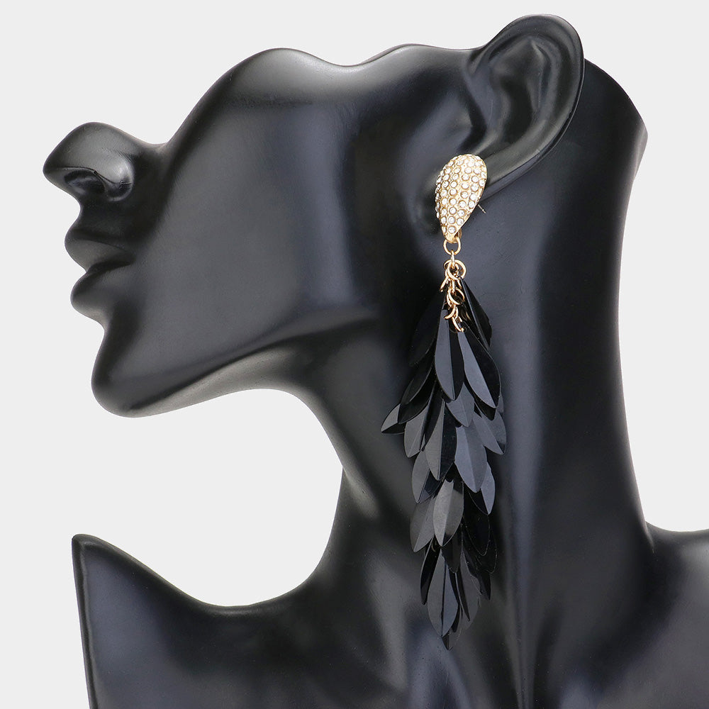 Long Jet Black Sequin Fringe Fun Fashion Earrings | Headshot Earrings