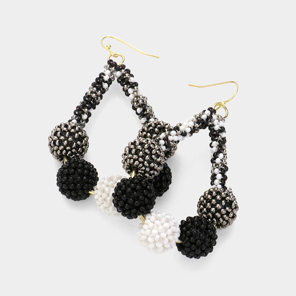 Black & White Hematite Seed Bead Balls Fun Fashion Earrings | Headshot Earrings