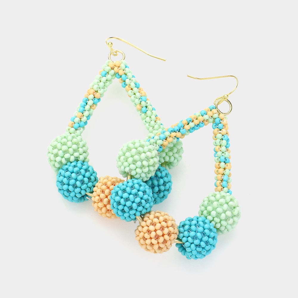 Aqua Multi-Color Seed Bead Balls Fun Fashion Earrings | Headshot Earrings