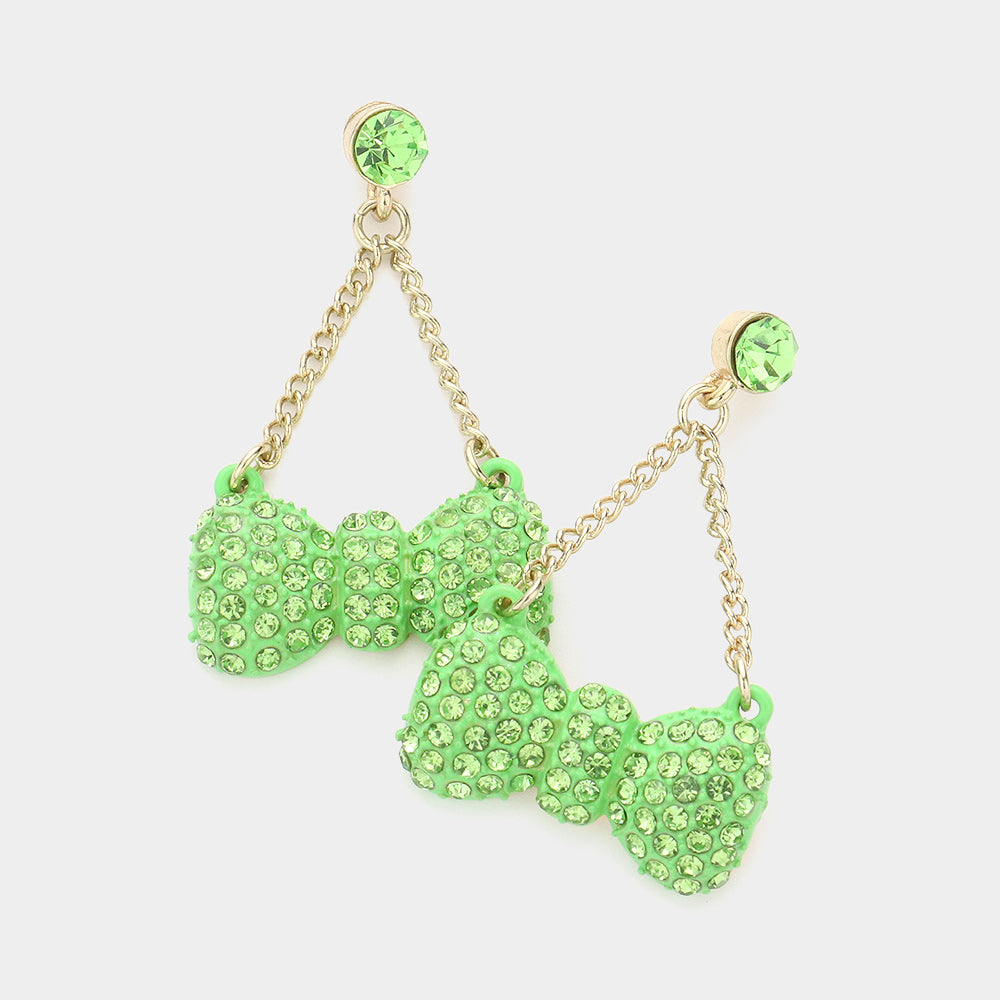 Lime Green Crystal Cluster Bow Dangle Pageant Earrings