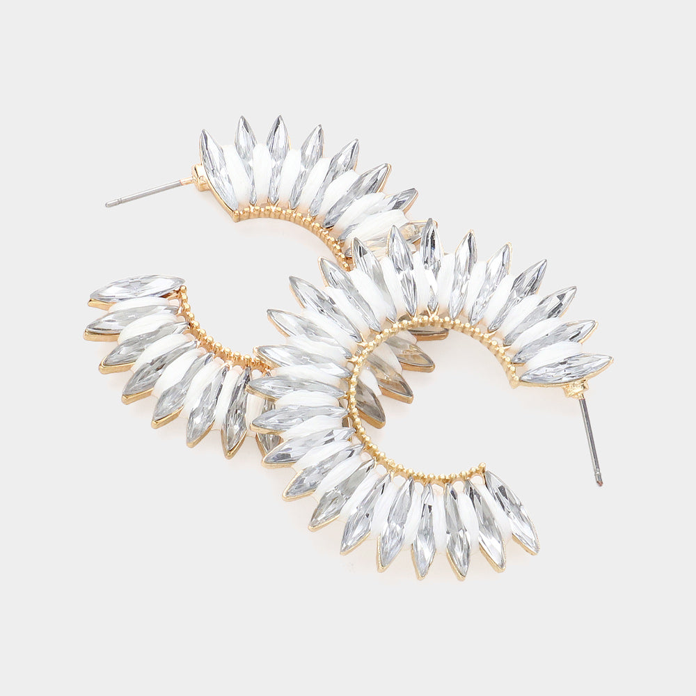 White Raffia Wrapped Crystal Marquise Stone Pageant Earrings | Runway Earrings