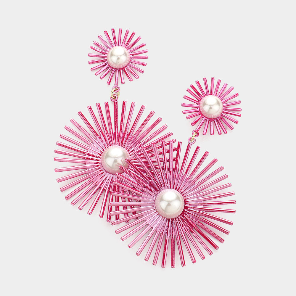 Pearl Centered Fuchsia Abstract Dangle Fun Fashion Earrings | Outfit of Choice Earrings