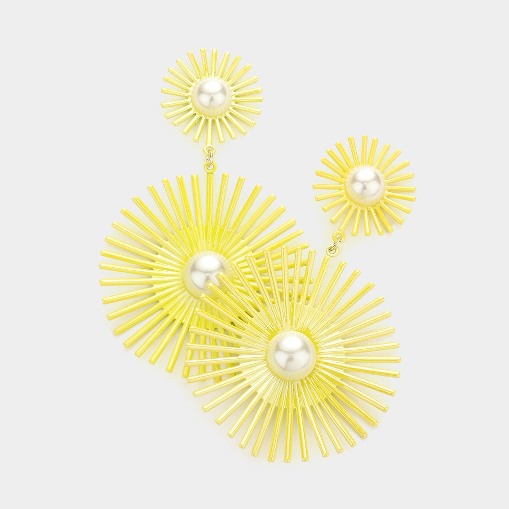 Pearl Centered Yellow Abstract Dangle Fun Fashion Earrings | Outfit of Choice Earrings |  596575