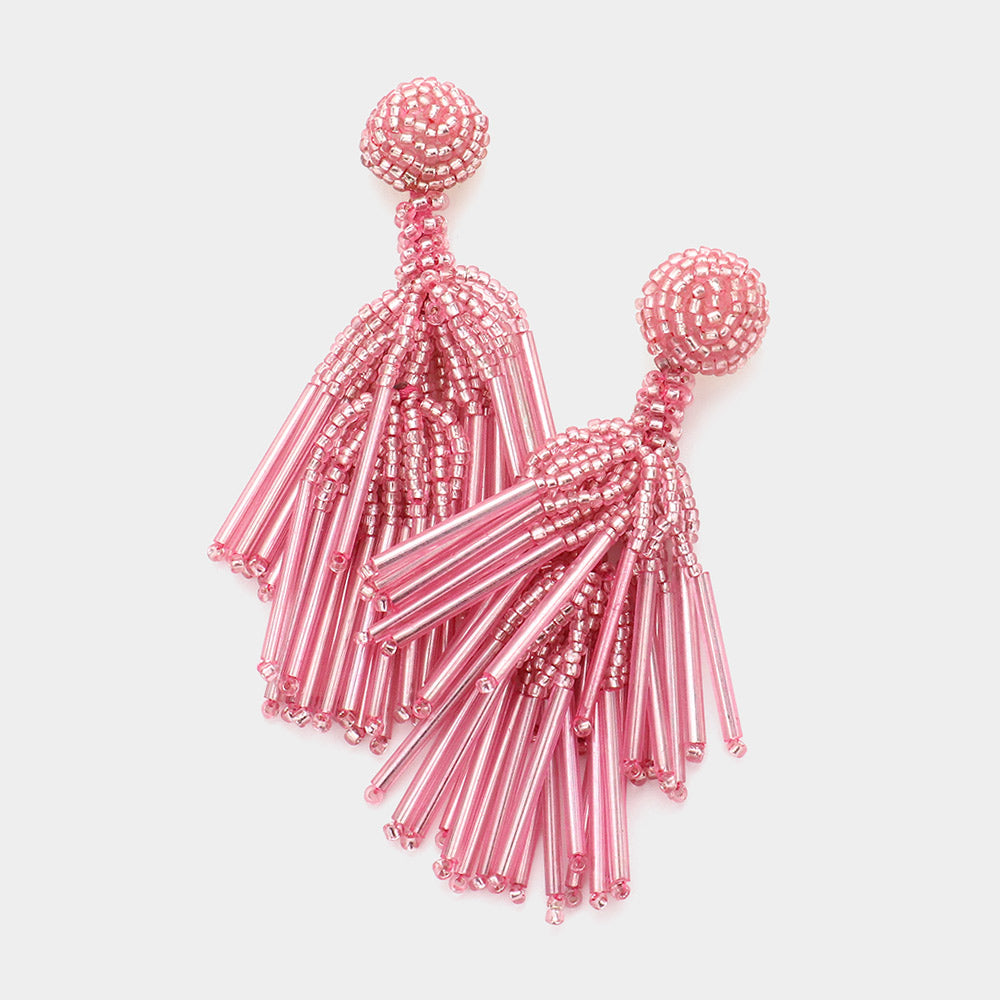 Pink Beaded Tassel Dangle Earrings | Fun Fashion Earrings