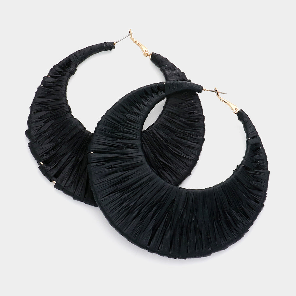 Black Raffia Wrapped Hoop Fun Fashion Earrings | Headshot Earrings | 615662