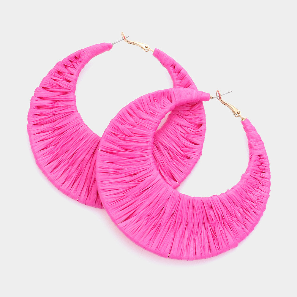 Fuchsia Raffia Wrapped Hoop Fun Fashion Earrings | Headshot Earrings