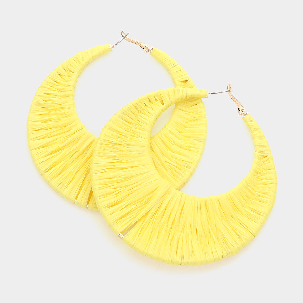 Yellow Raffia Wrapped Hoop Fun Fashion Earrings | Headshot Earrings