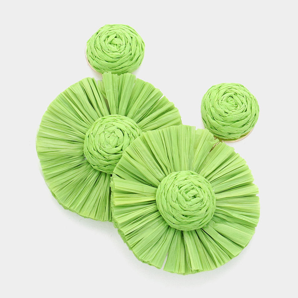 Green Raffia Flower Fun Fashion Earrings | Runway Earrings