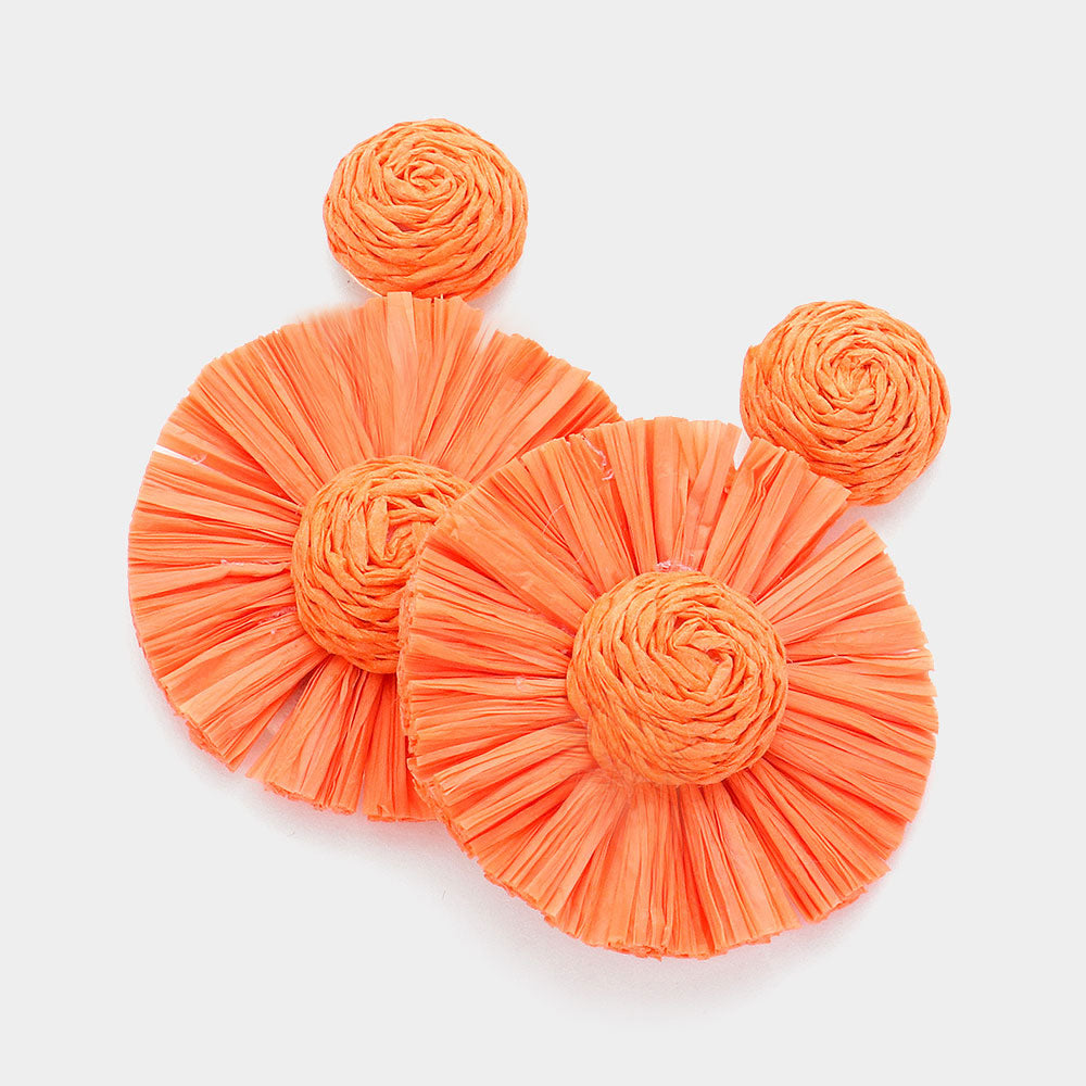 Orange Raffia Flower Fun Fashion Earrings | Runway Earrings