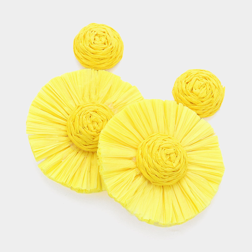 Yellow Raffia Flower Fun Fashion Earrings | Runway Earrings