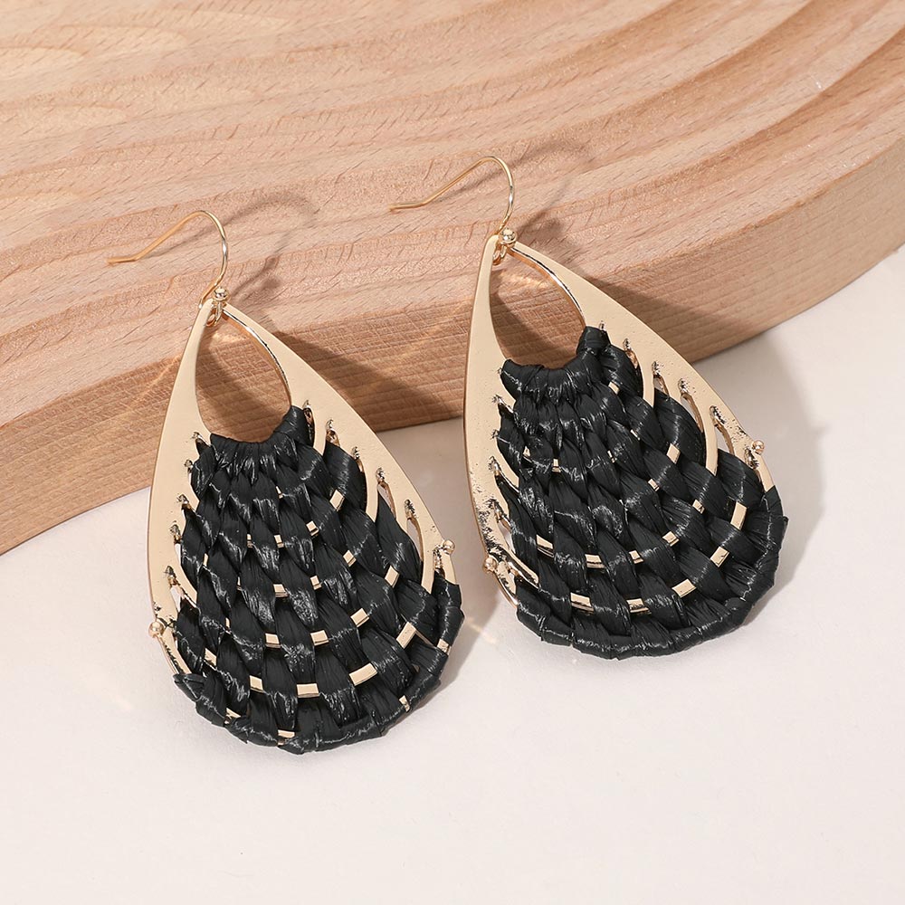 Black Raffia Basket Weave Teardrop Fun Fashion Earrings | Outfit of Choice Earrings | Runway Earrings