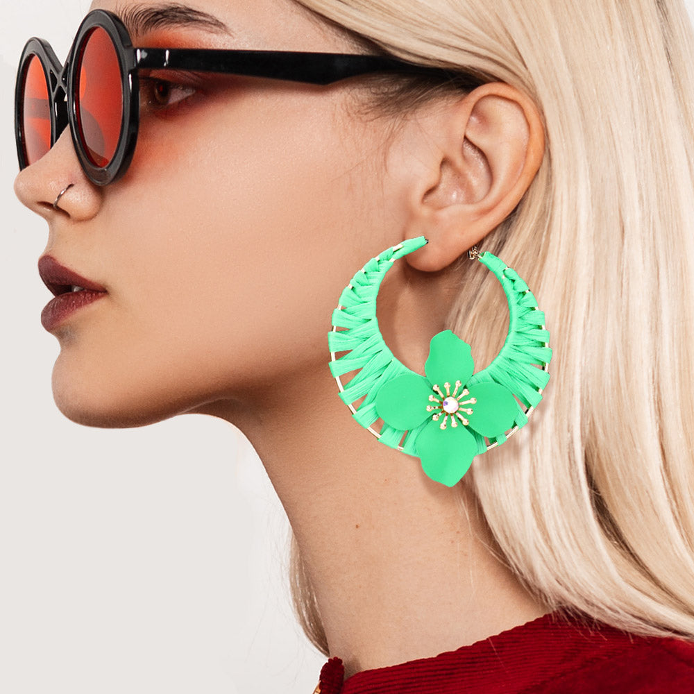 Green&nbsp;Flower Accented Raffia Wrapped Fun Fashion Hoop Earrings | Headshot Earrings