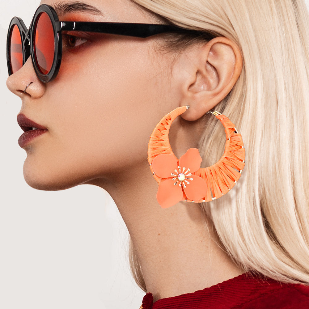 Orange Flower Accented Raffia Wrapped Fun Fashion Hoop Earrings | Headshot Earrings