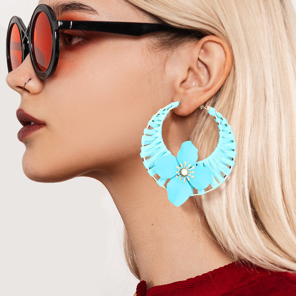 Turquoise or Aqua Flower Accented Raffia Wrapped Fun Fashion Hoop Earrings | Headshot Earrings