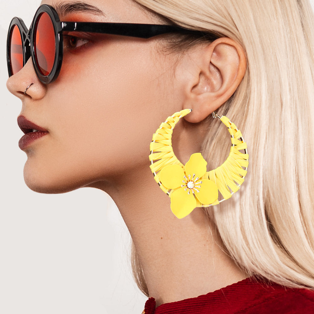 Yellow Flower Accented Raffia Wrapped Fun Fashion Hoop Earrings | Headshot Earrings 