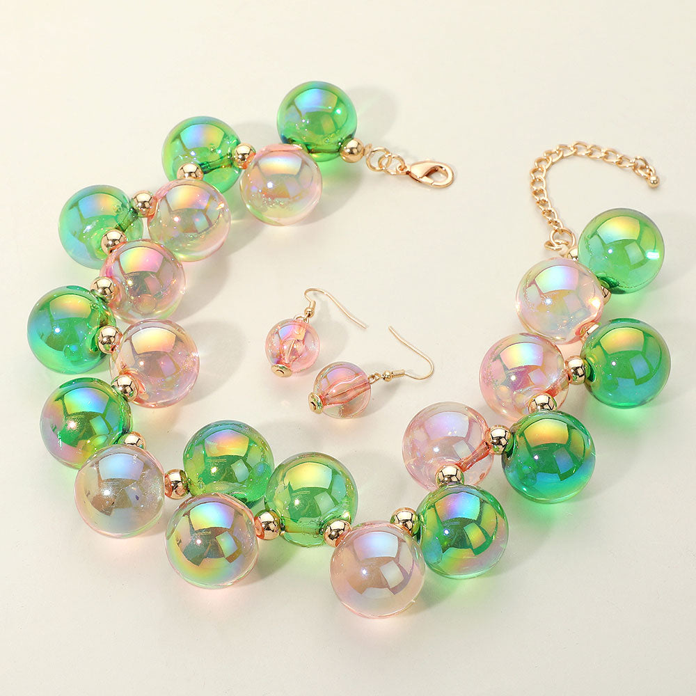 Chunky Pink&Green Iridescent Ball Beaded Neklace for Fun Fashion-Outfit of Choice-Runway-Headshots
