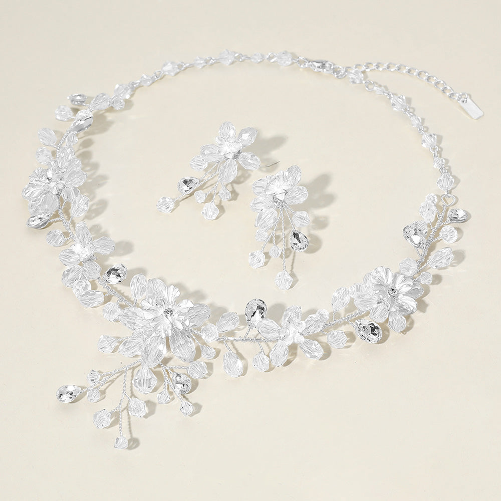 Clear Beaded Floral Wedding Necklace Set | Bridal Jewelry